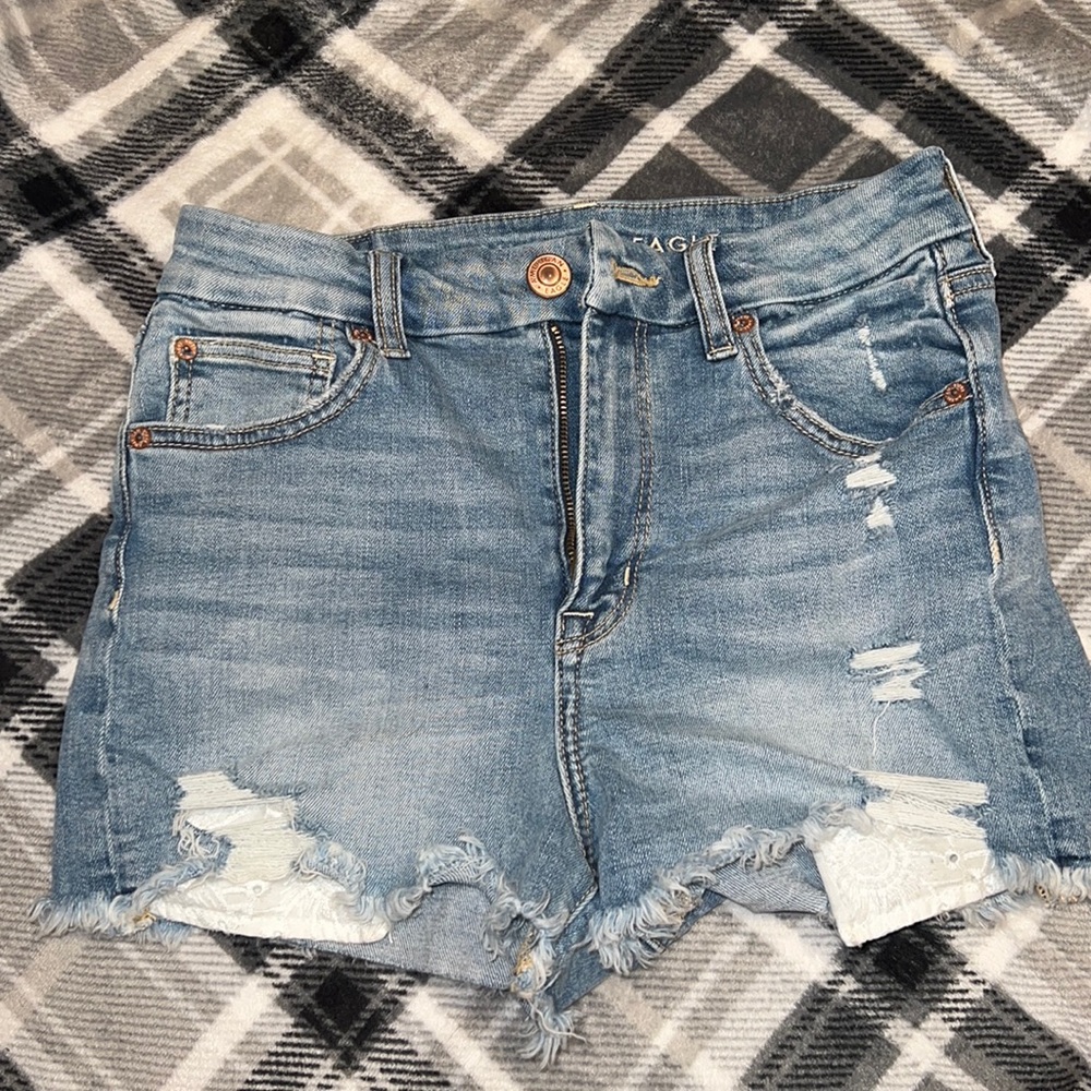 AE super stretch light wash denim short short
